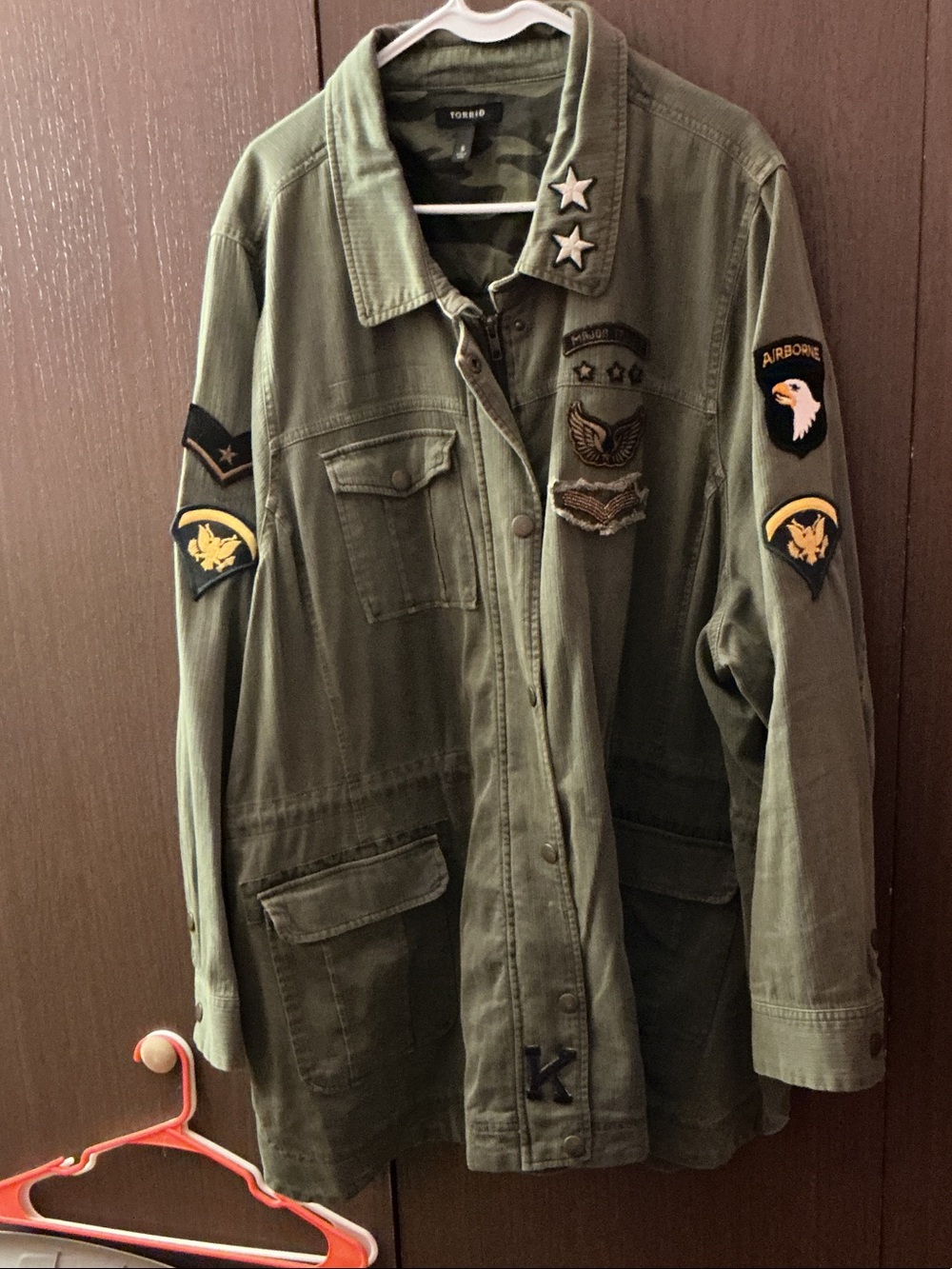torrid army green military field jacket with patch details